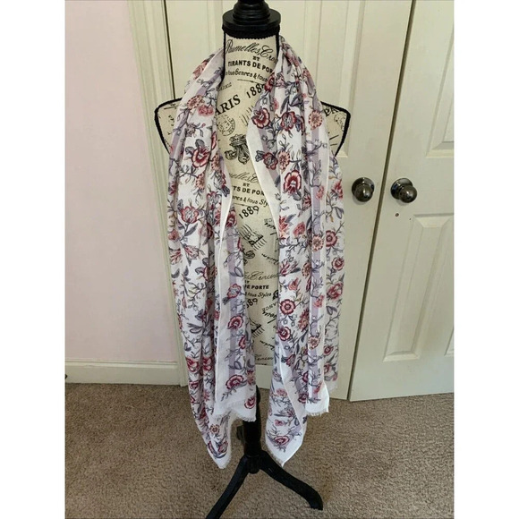 Ann Taylor LOFT Floral Print Raw Hem Scarf Shawl Beige Red Purple 26X74 NWT - Picture 6 of 7